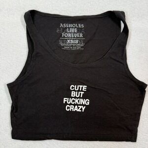 A*sholes Live Forever Crop Top Women XS Black Cute Crazy Graphic USA Tank Tee‎